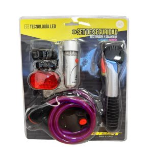 SET BEST ESSENTIAL  FOCO DELANTERO / FLASHER TRASERO / CANDADO / BOMBIN  BLISTER