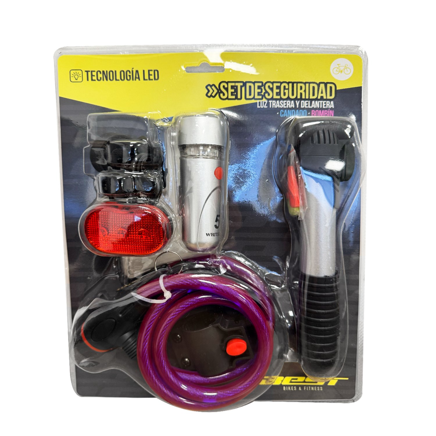 SET BEST ESSENTIAL FOCO DELANTERO / FLASHER TRASERO / CANDADO / BOMBIN BLISTER